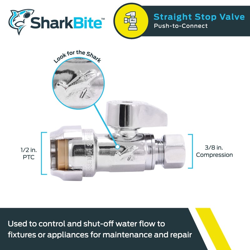 SharkBite 1/2 x 3/8 Inch Compression Straight Stop Valve, Quarter Turn, Push to Connect Brass Plumbing Fitting, PEX Pipe, Copper, CPVC, PE-RT, HDPE, 23037-0000LF - Image 2